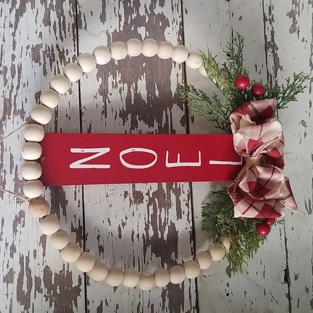 Christmas Wreath Noel Sign, Wooden Beads, Hamdmade